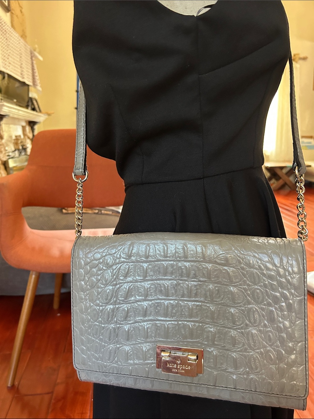 kate spade Gray Croc-Embossed Leather Shoulder Bag with Chain Strap